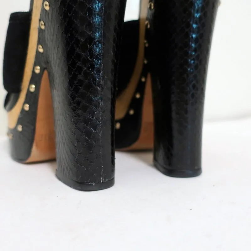 Alexandre Birman Platform Clog Sandals Peggy Black Suede & Snakeskin Size 37