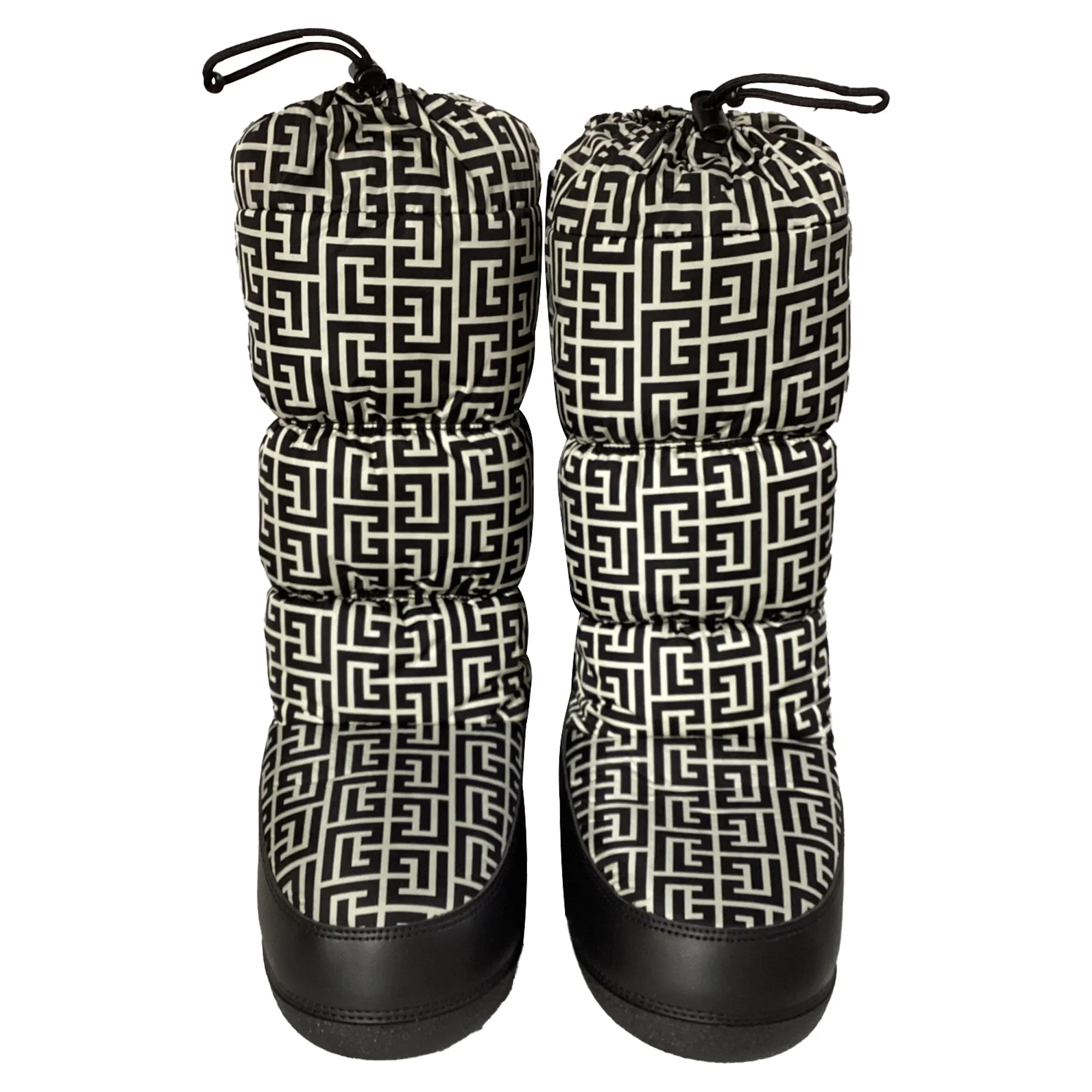 Balmain Printed Quilted Snow Boots in Black and White Polyamide