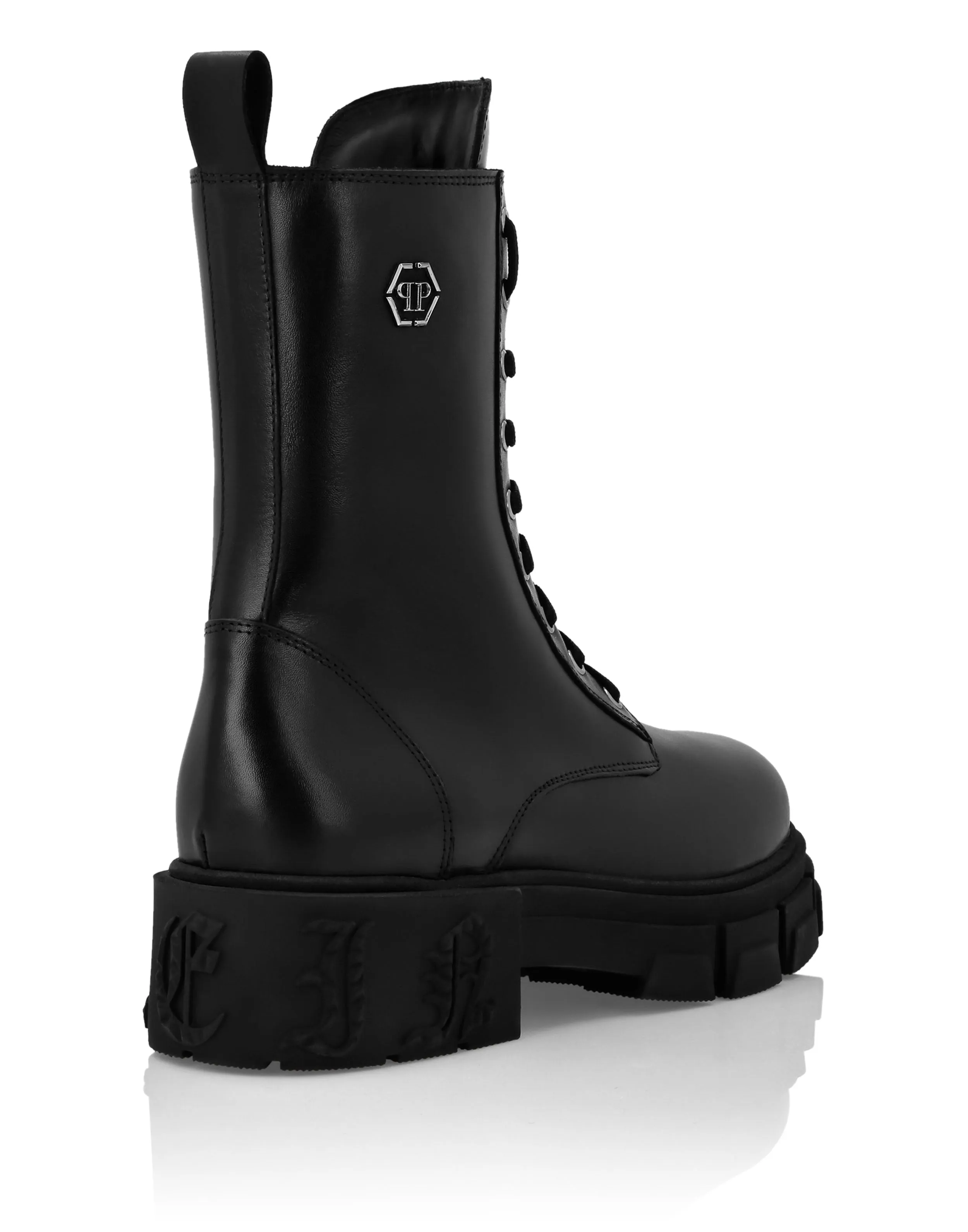 Calf Skin Leather Boots Mid Flat Hexagon