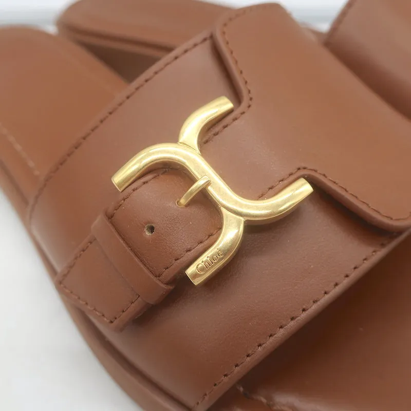 Chloe Marcie Buckled Slide Sandals Brown Leather Size 38 NEW