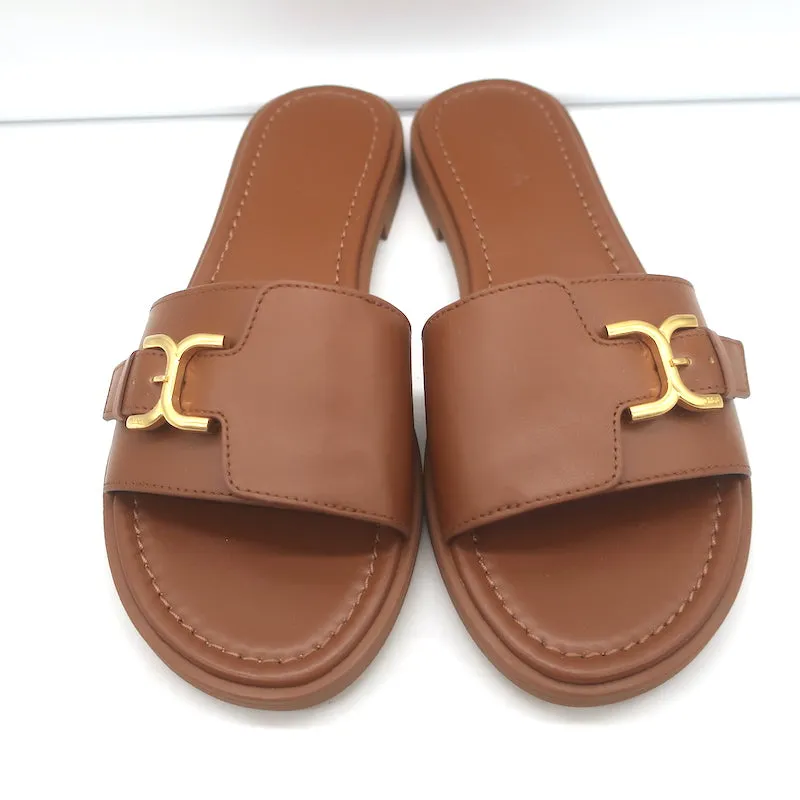 Chloe Marcie Buckled Slide Sandals Brown Leather Size 38 NEW