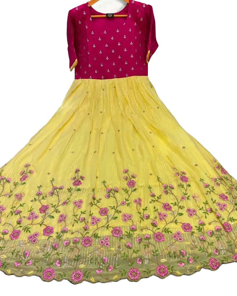 Exquisite Heavy Beads and Sequins work Long Frock in Yellow.