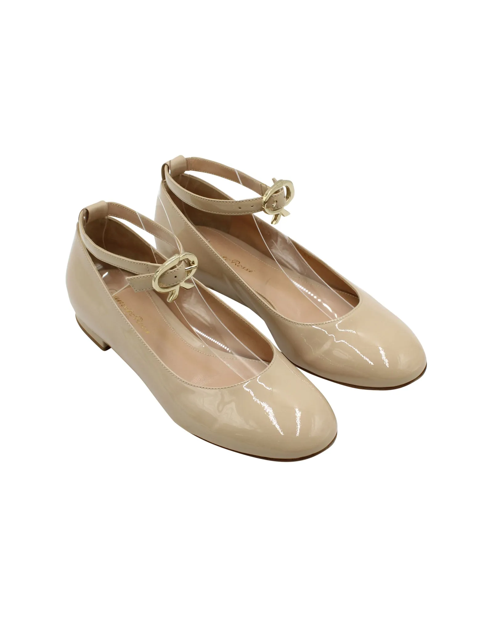 Gianvito Rossi Ankle Strap Ballet Flats in Nude Patent Leather