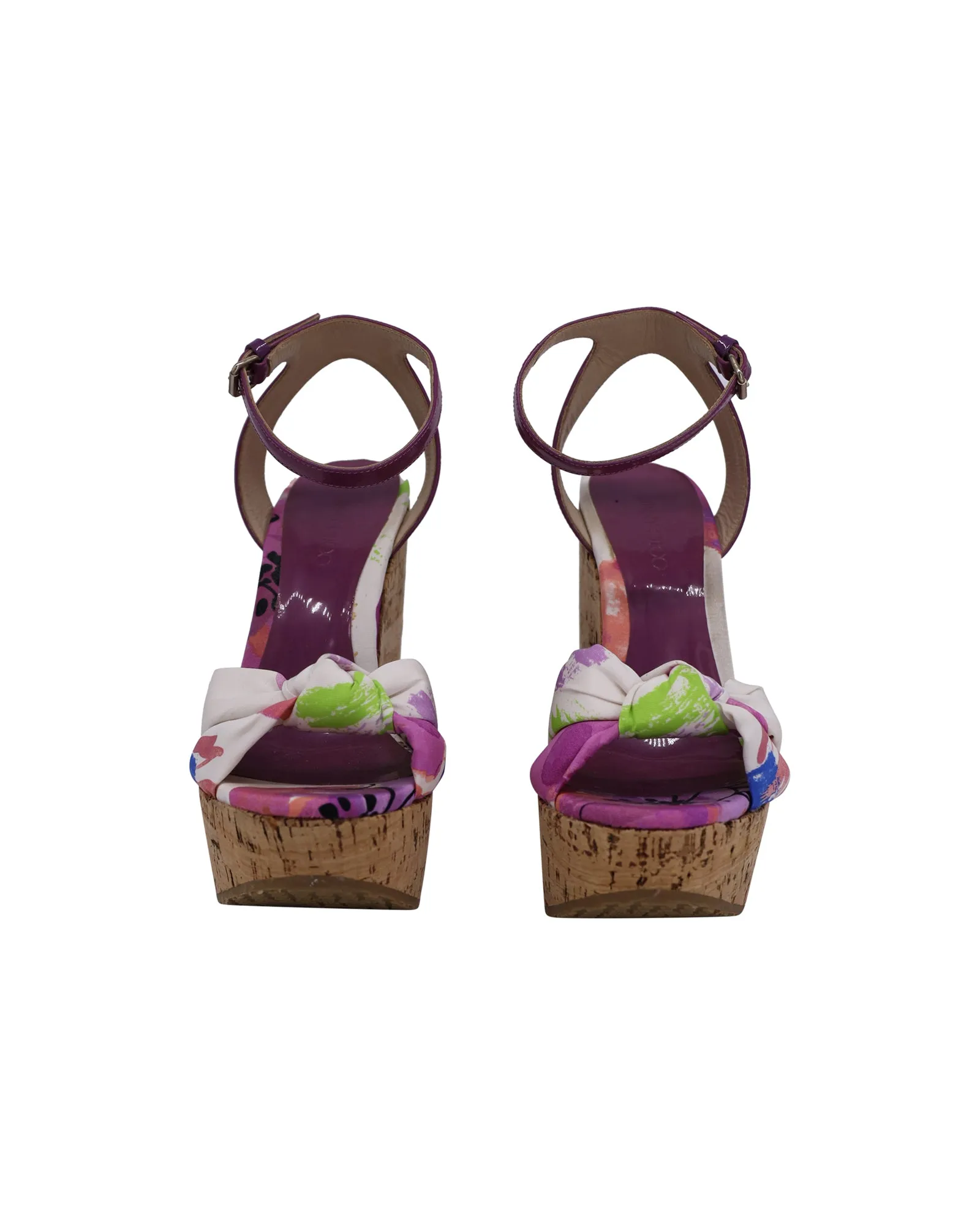 Jimmy Choo Gleam Printed Cork Wedge Sandals in Purple Canvas