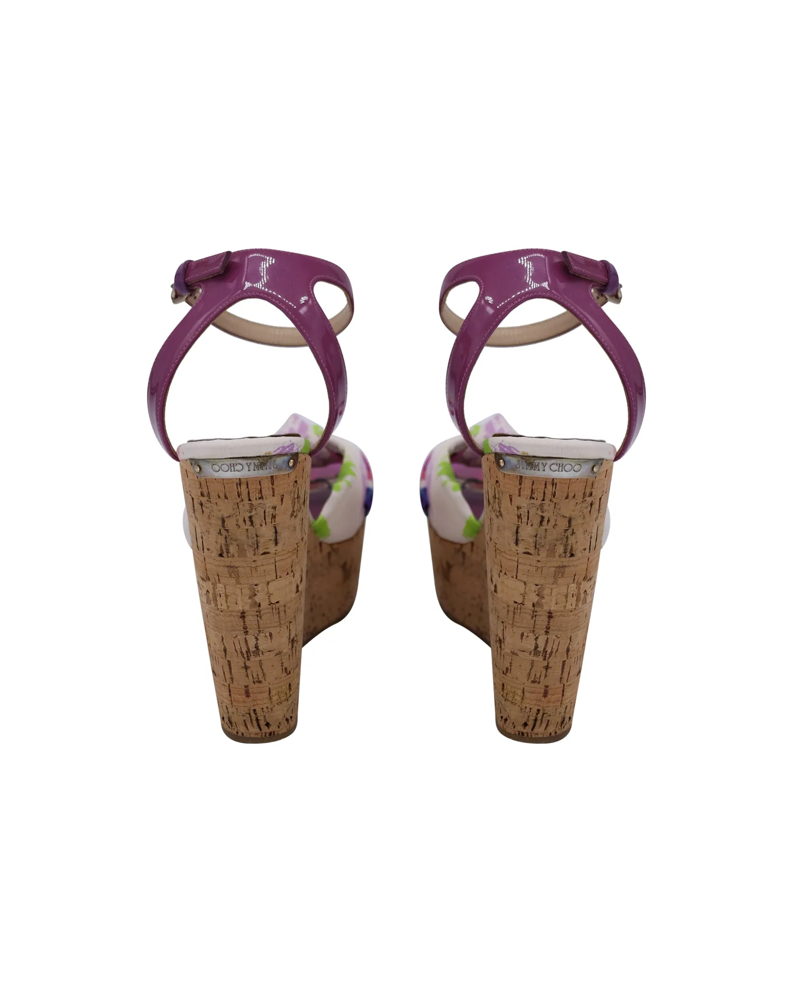 Jimmy Choo Gleam Printed Cork Wedge Sandals in Purple Canvas