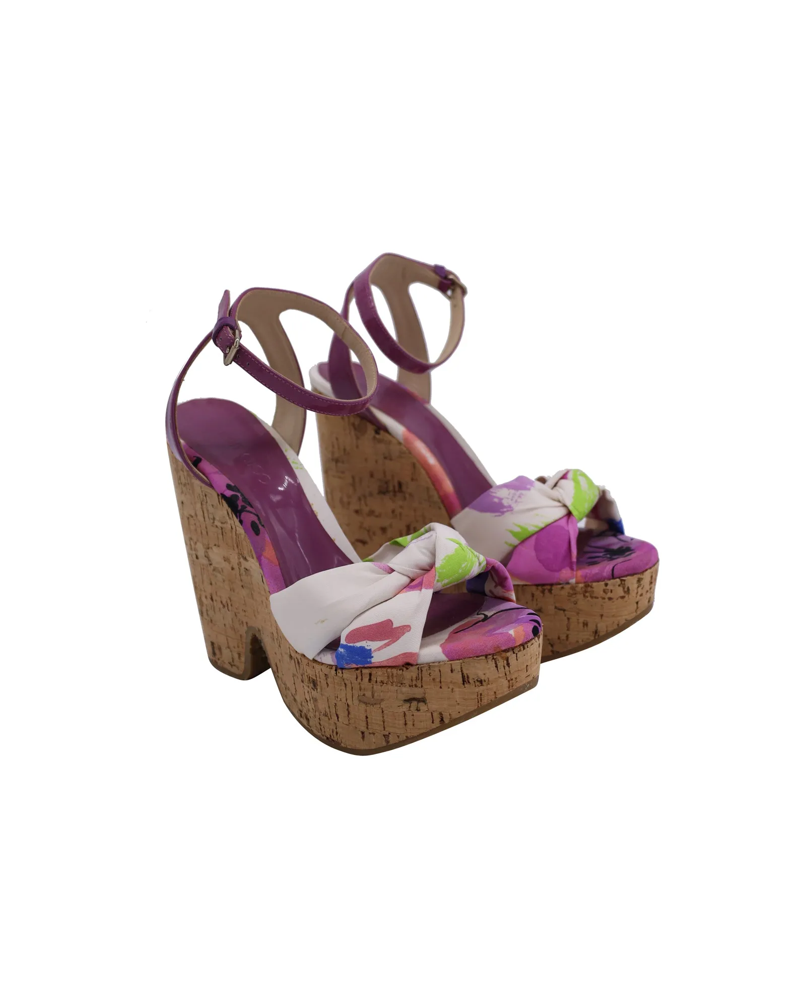 Jimmy Choo Gleam Printed Cork Wedge Sandals in Purple Canvas
