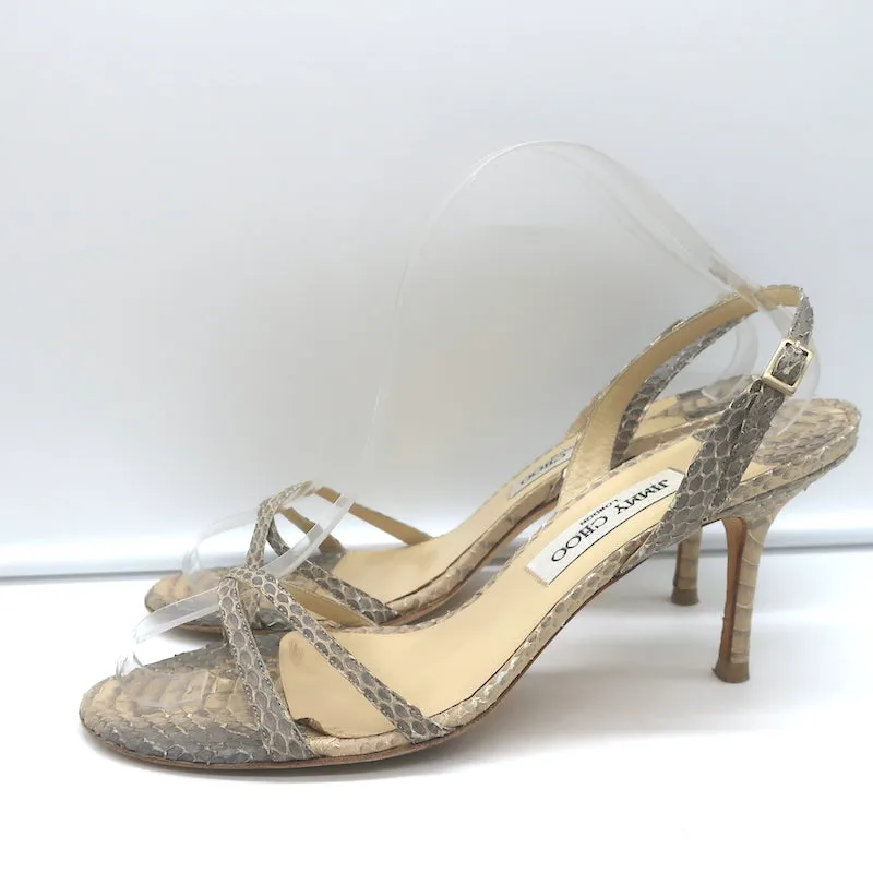 Jimmy Choo Jasmin Crisscross Sandals Beige Snakeskin Size 41.5 Slingback Heels