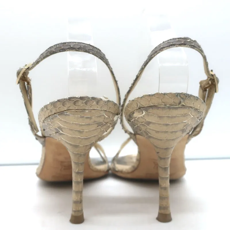 Jimmy Choo Jasmin Crisscross Sandals Beige Snakeskin Size 41.5 Slingback Heels