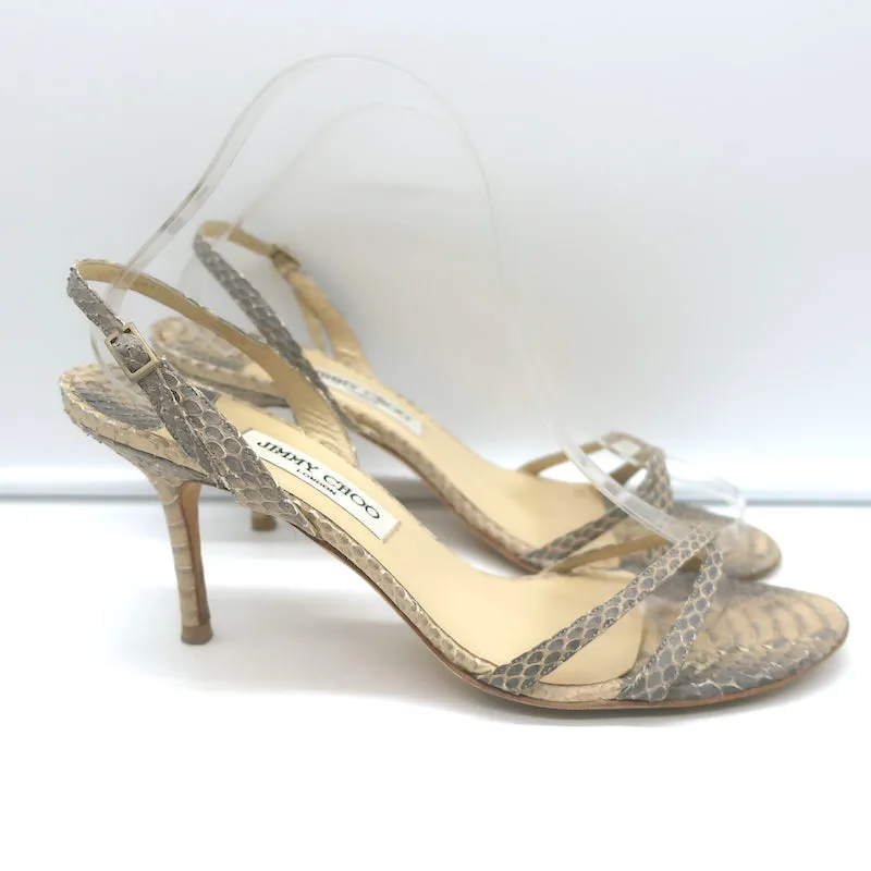 Jimmy Choo Jasmin Crisscross Sandals Beige Snakeskin Size 41.5 Slingback Heels