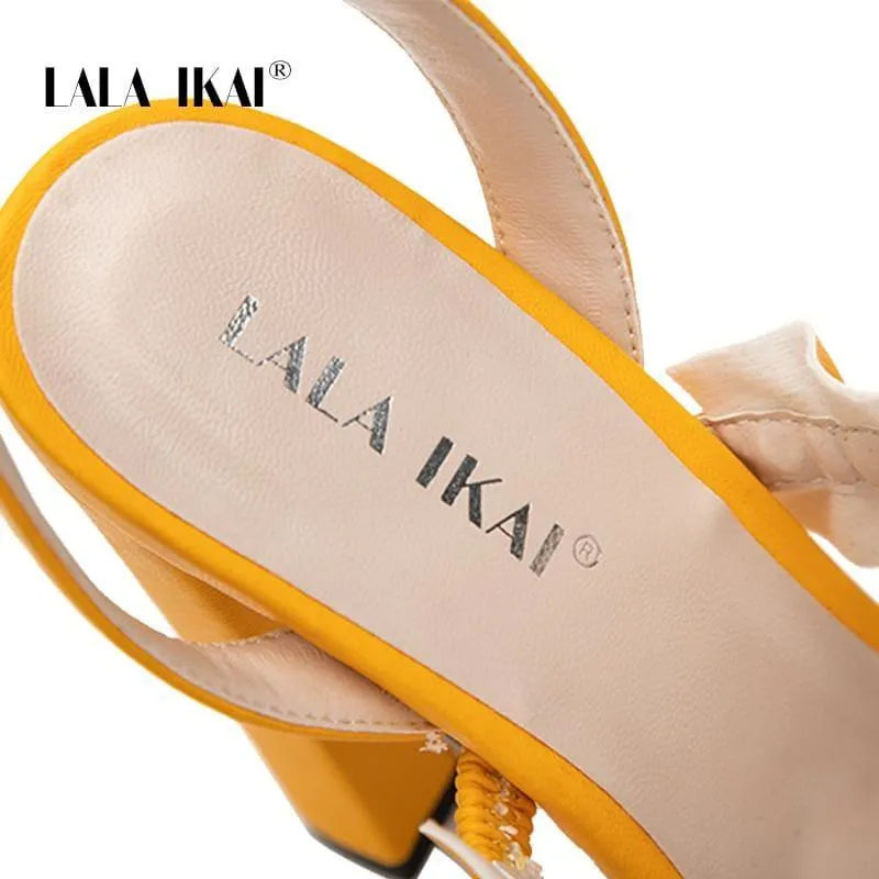 LALA IKAI Women Ruffles Square Heel Solid Fashion Buckle Strap Ladies Sandals