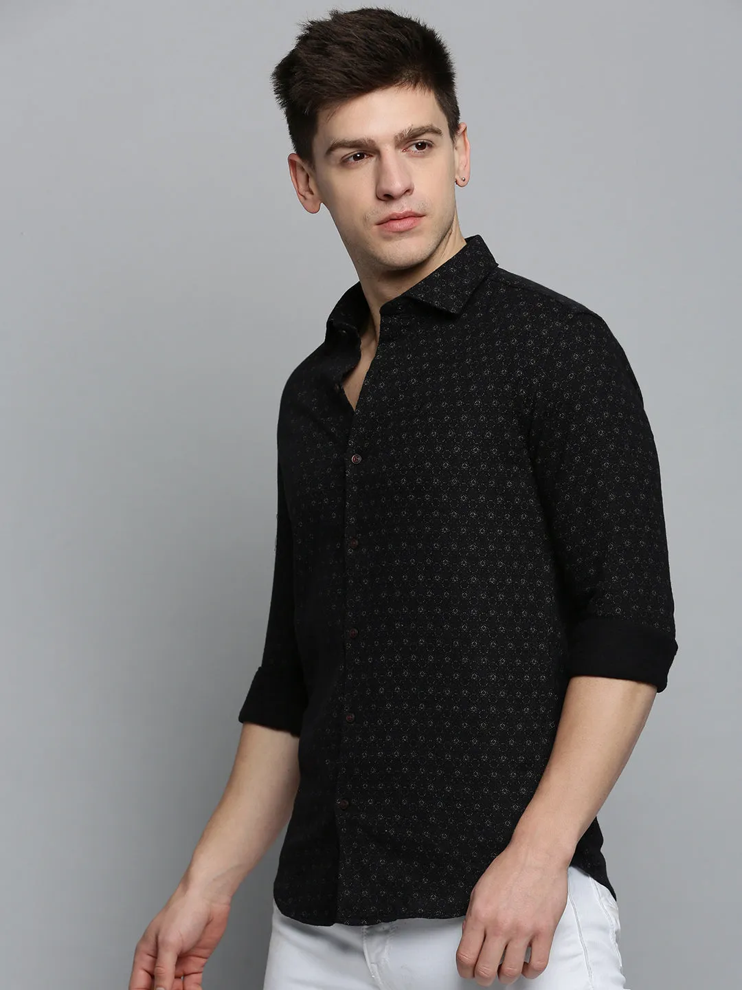 Men Black Comfort Printed Twill Weave Cotton Casual Shirt