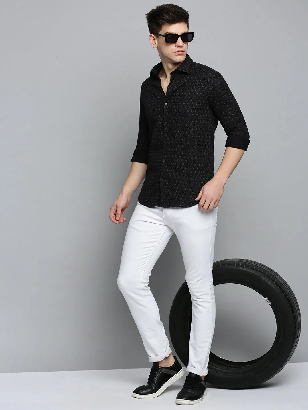 Men Black Comfort Printed Twill Weave Cotton Casual Shirt