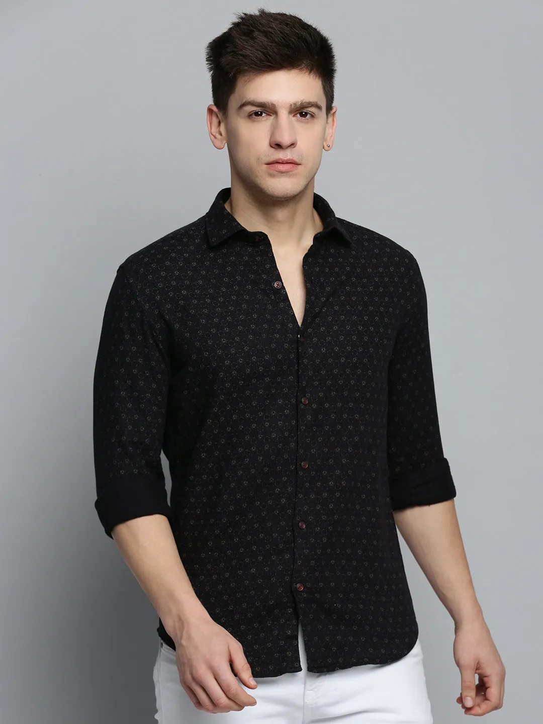 Men Black Comfort Printed Twill Weave Cotton Casual Shirt