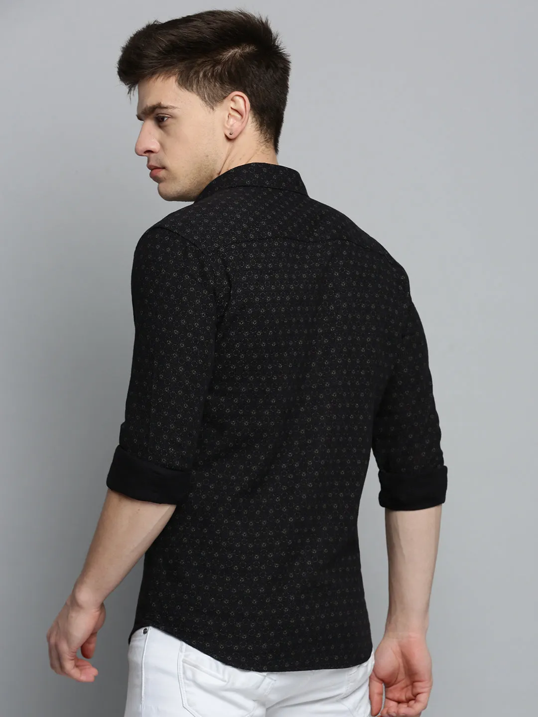 Men Black Comfort Printed Twill Weave Cotton Casual Shirt