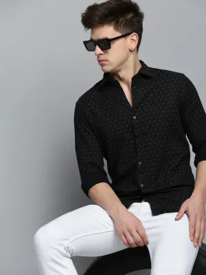 Men Black Comfort Printed Twill Weave Cotton Casual Shirt