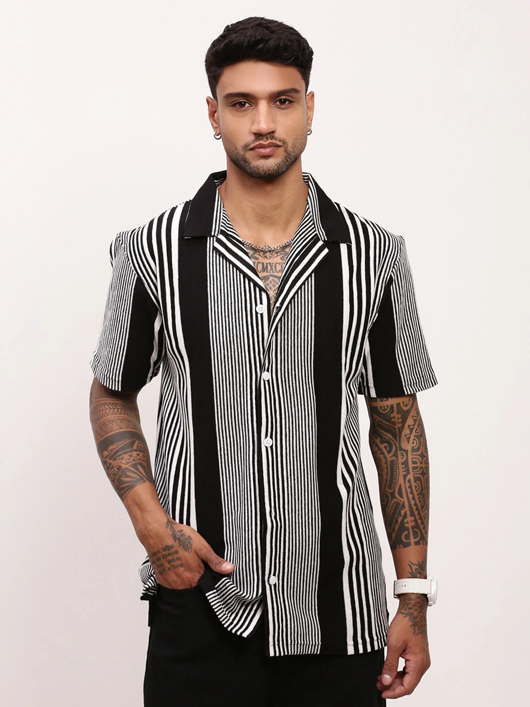 Men Black Striped Cuban Collar Shirt