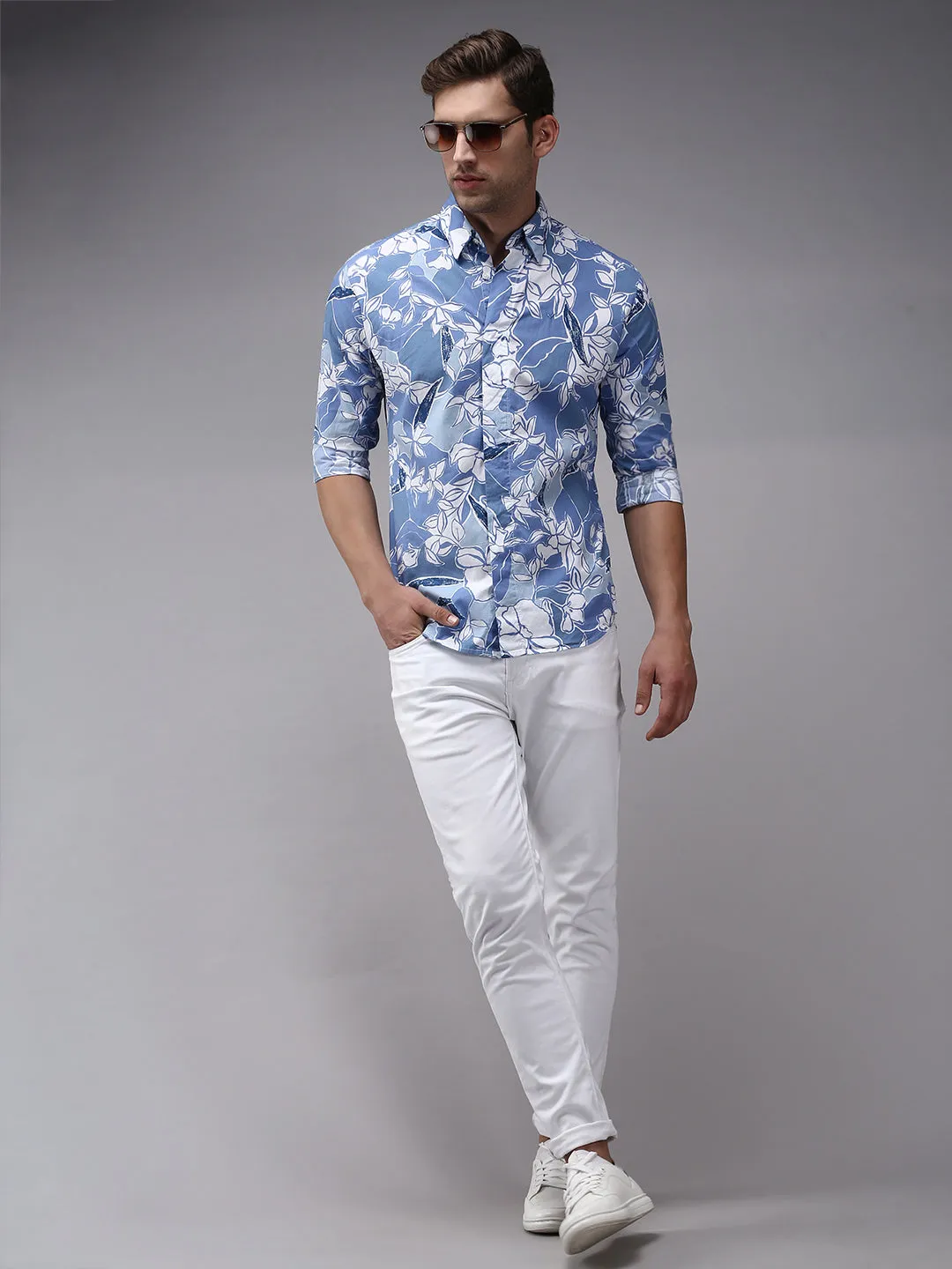Men Blue Comfort Floral Printed Cotton Casual Shirt