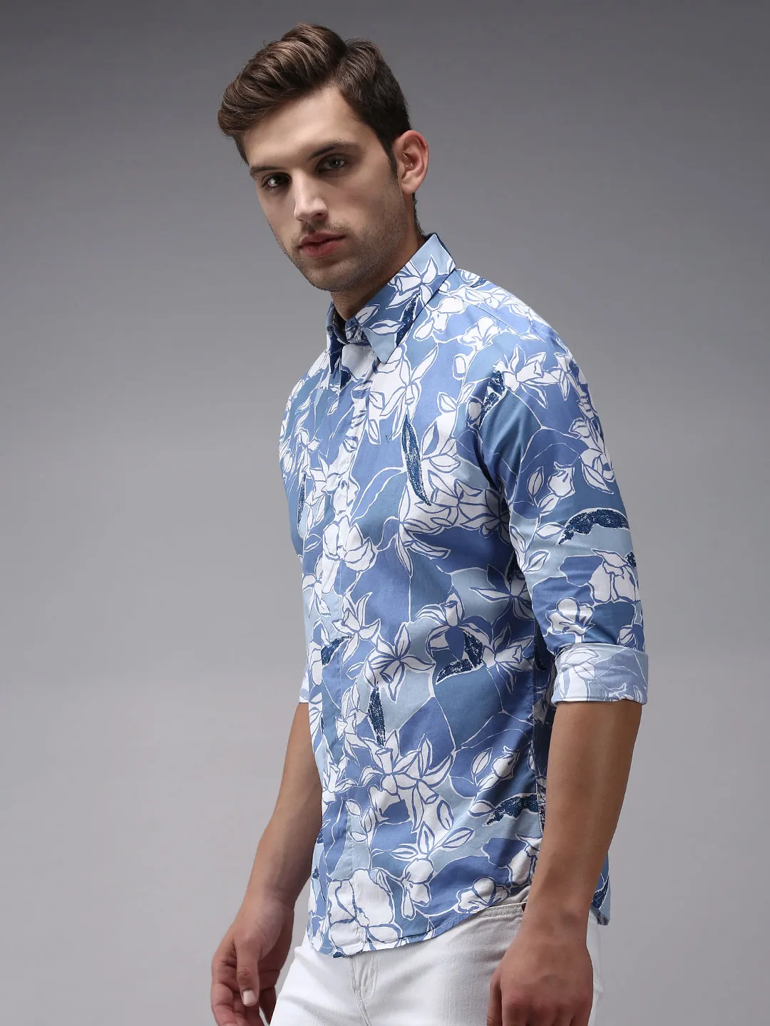 Men Blue Comfort Floral Printed Cotton Casual Shirt