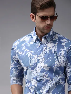 Men Blue Comfort Floral Printed Cotton Casual Shirt