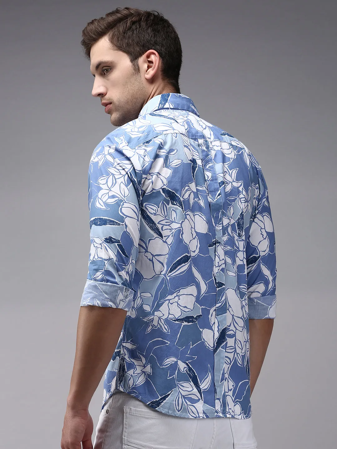 Men Blue Comfort Floral Printed Cotton Casual Shirt