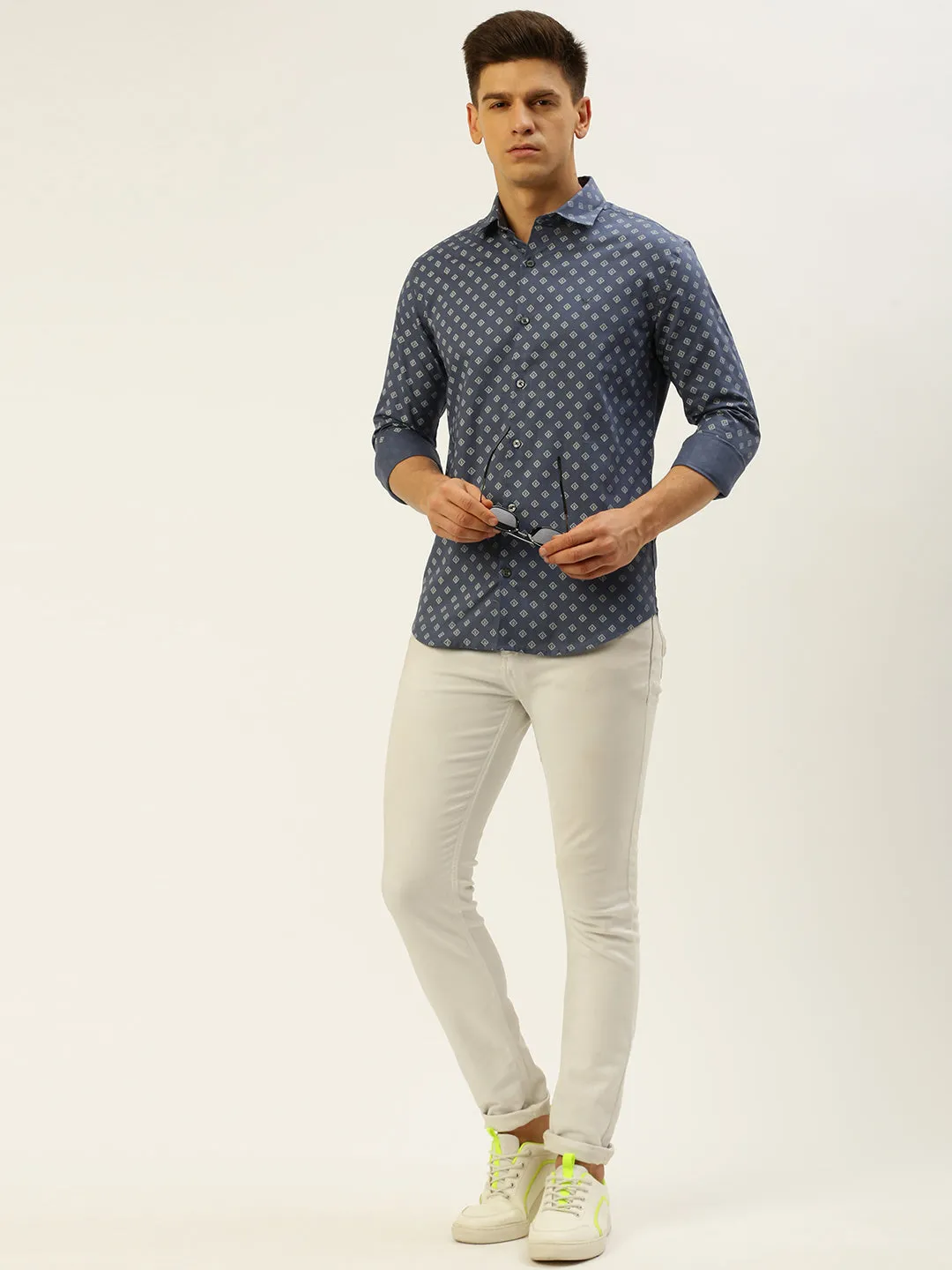 Men Blue Comfort Printed Cotton Casual Shirt