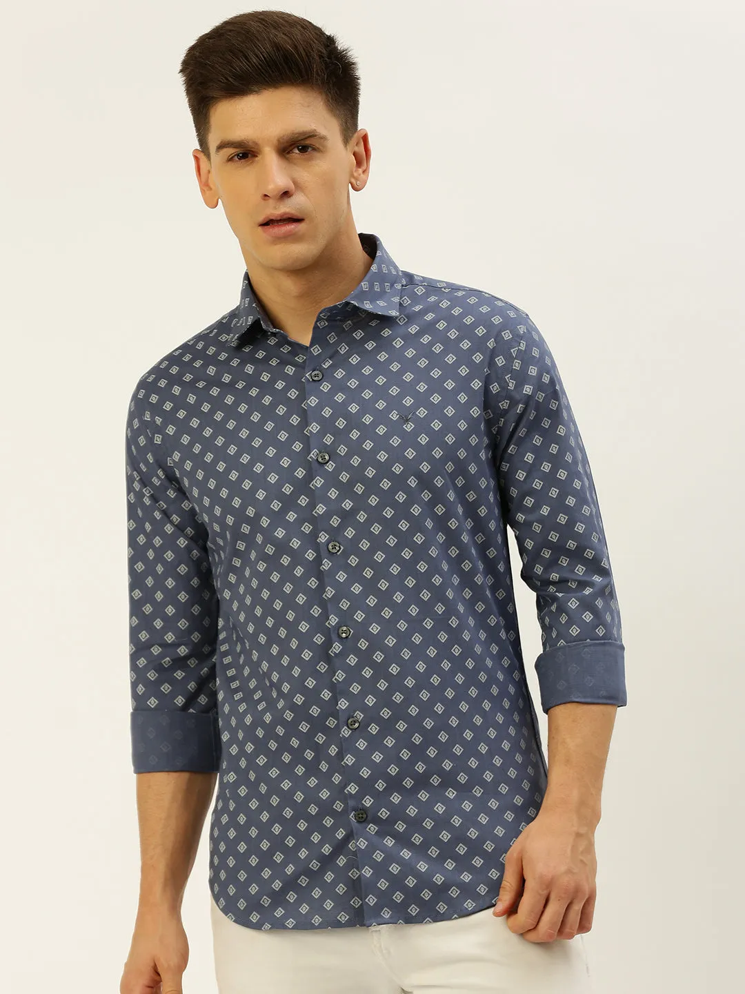 Men Blue Comfort Printed Cotton Casual Shirt