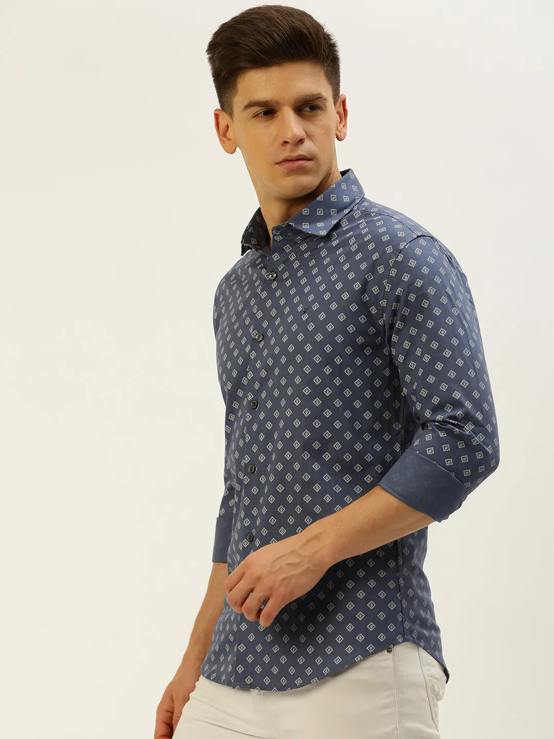 Men Blue Comfort Printed Cotton Casual Shirt