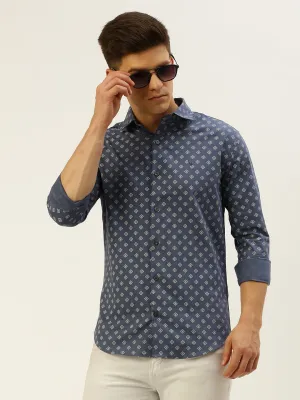 Men Blue Comfort Printed Cotton Casual Shirt