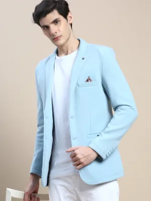 Men Blue Slim-Fit Notched Lapel Single-Breasted Blazer