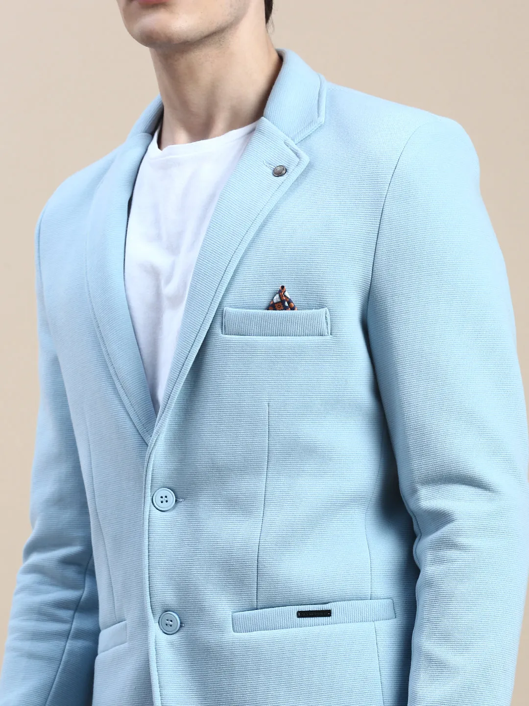 Men Blue Slim-Fit Notched Lapel Single-Breasted Blazer