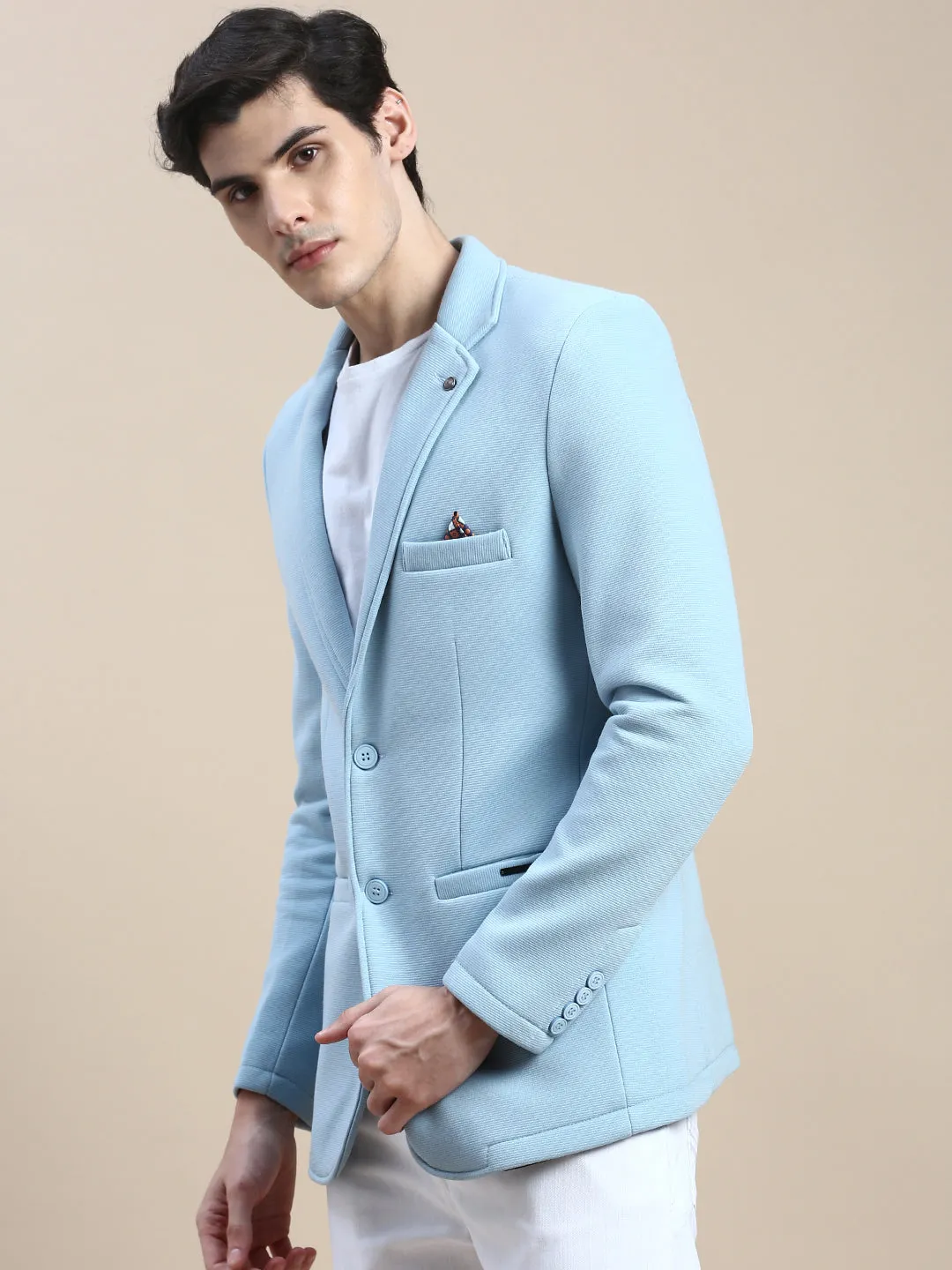 Men Blue Slim-Fit Notched Lapel Single-Breasted Blazer