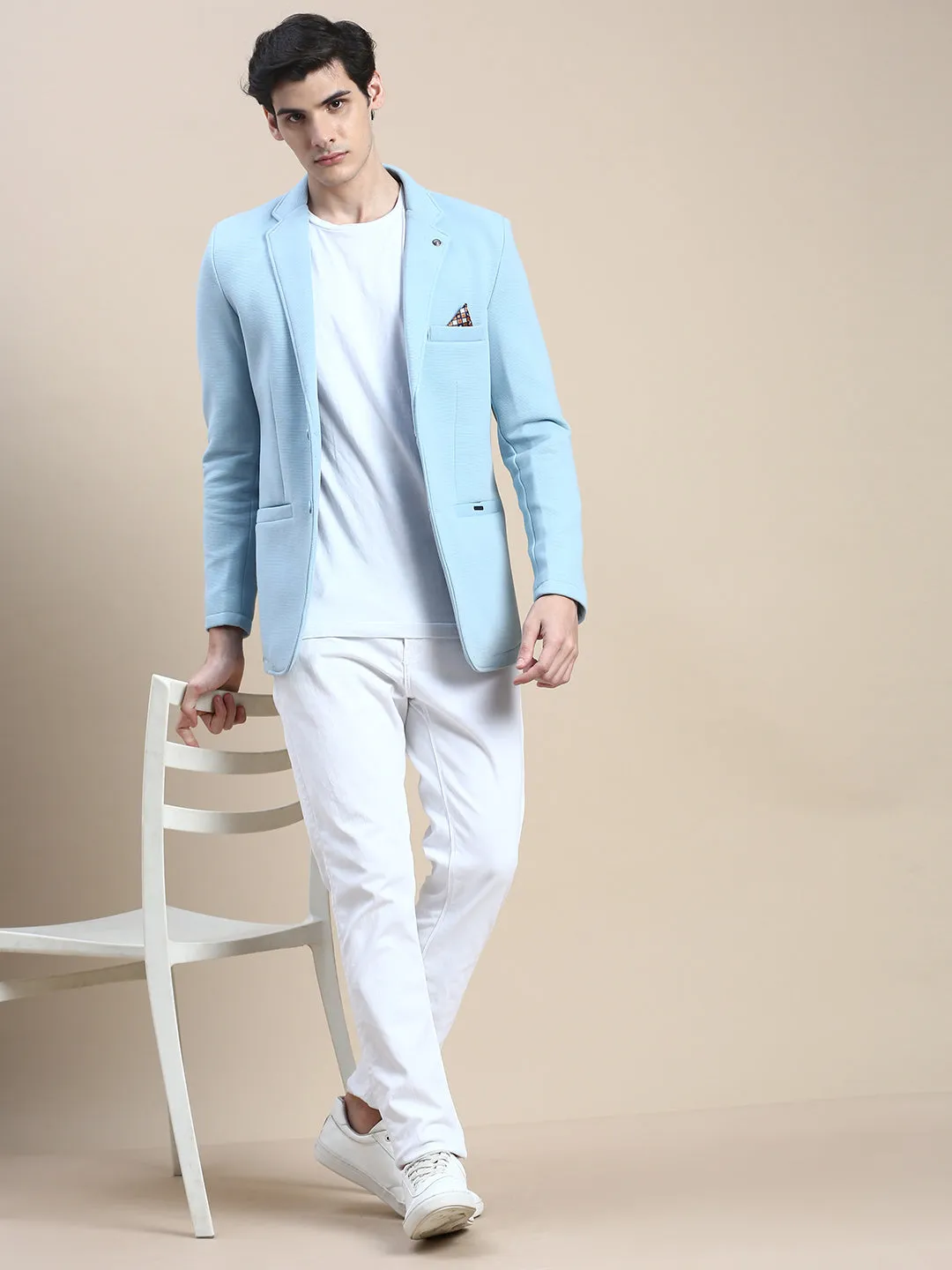 Men Blue Slim-Fit Notched Lapel Single-Breasted Blazer