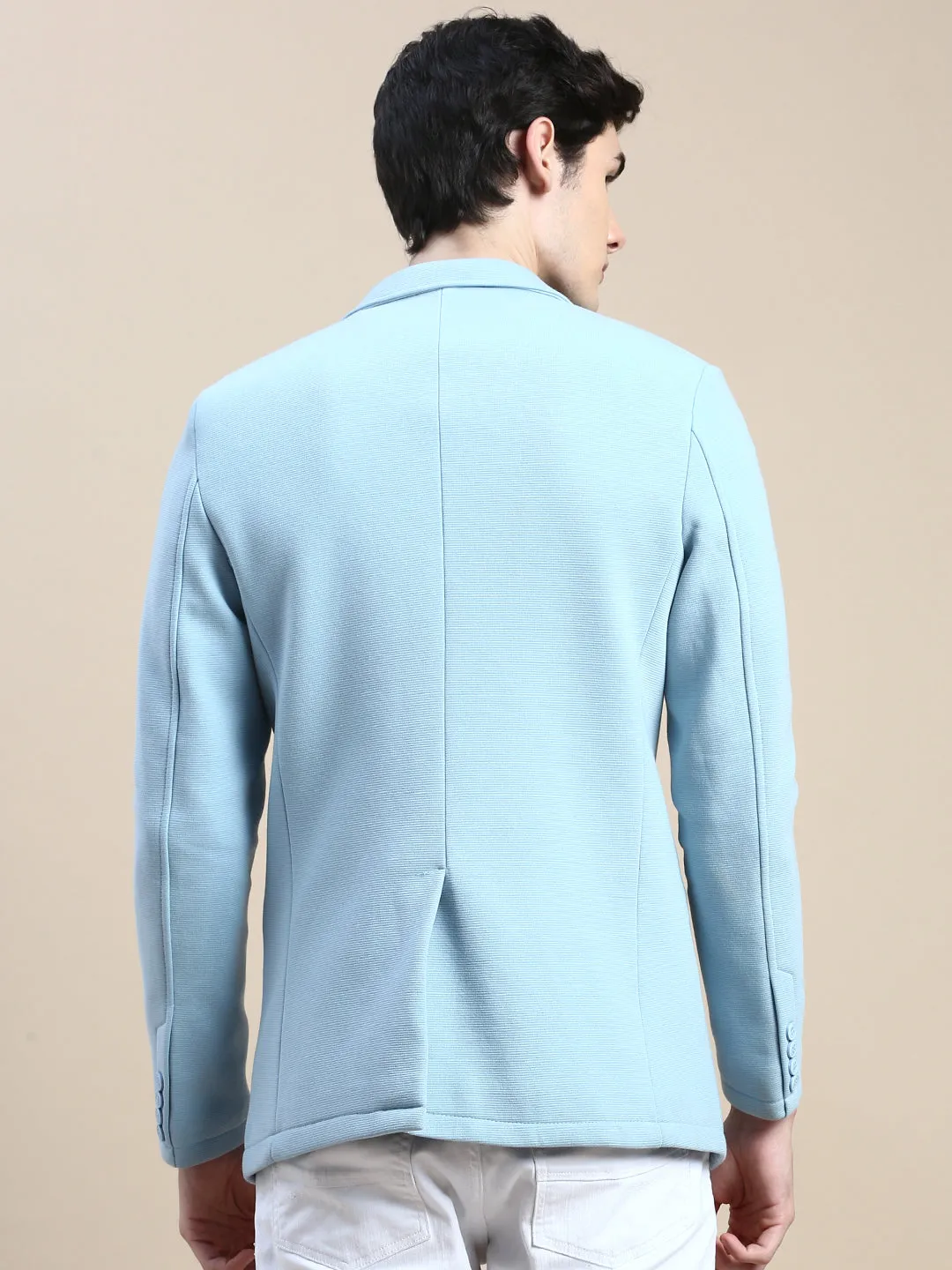 Men Blue Slim-Fit Notched Lapel Single-Breasted Blazer