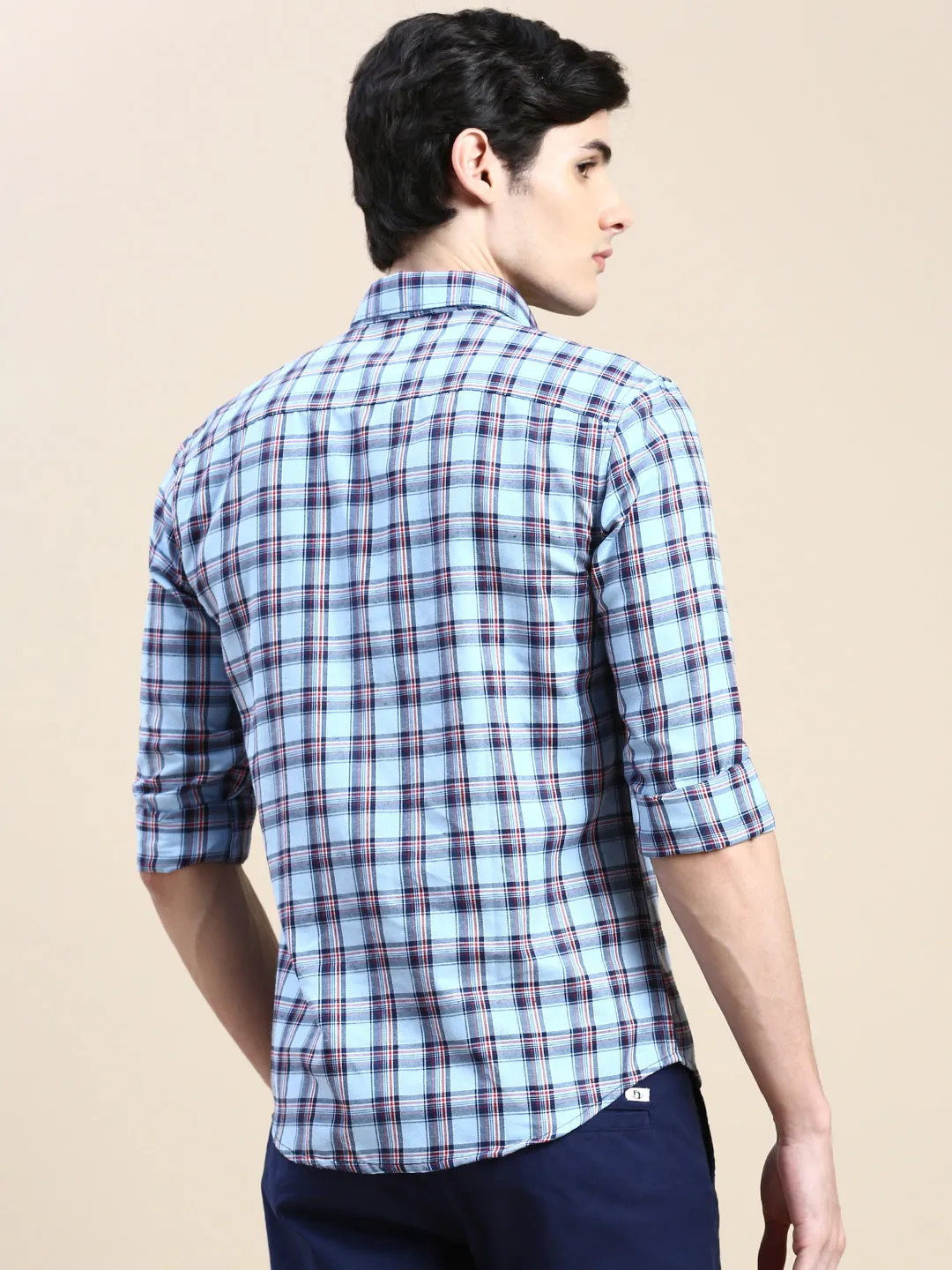 Men Blue Standard Slim Fit Checked Spread Collar Cotton Casual Shirt