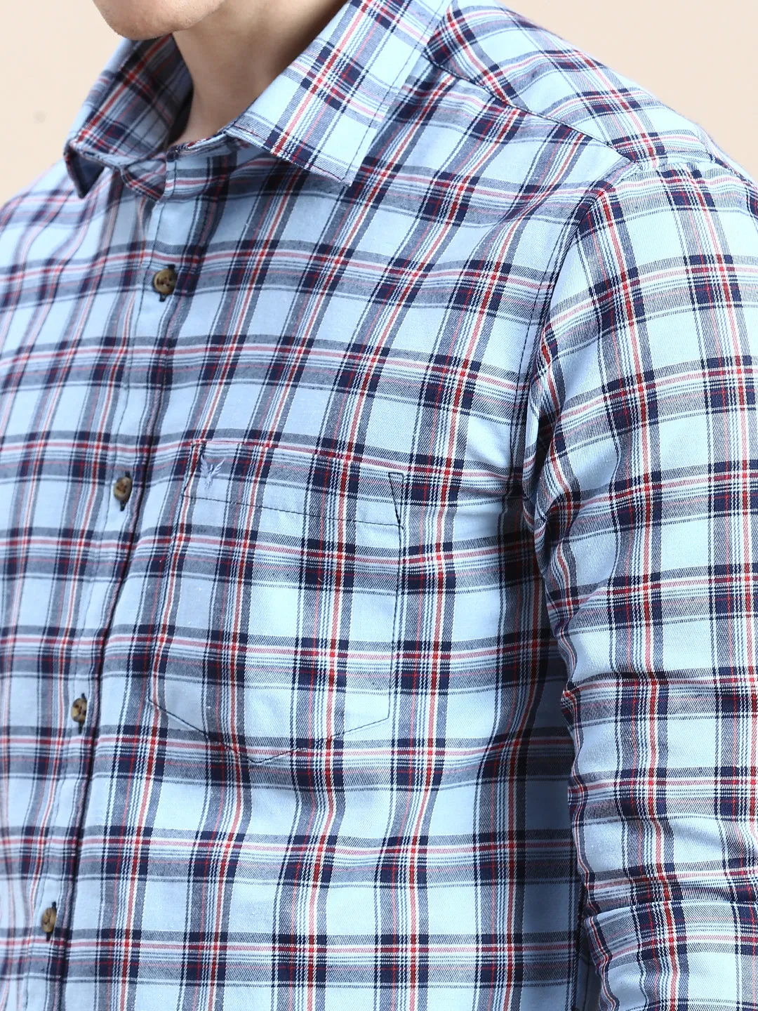 Men Blue Standard Slim Fit Checked Spread Collar Cotton Casual Shirt