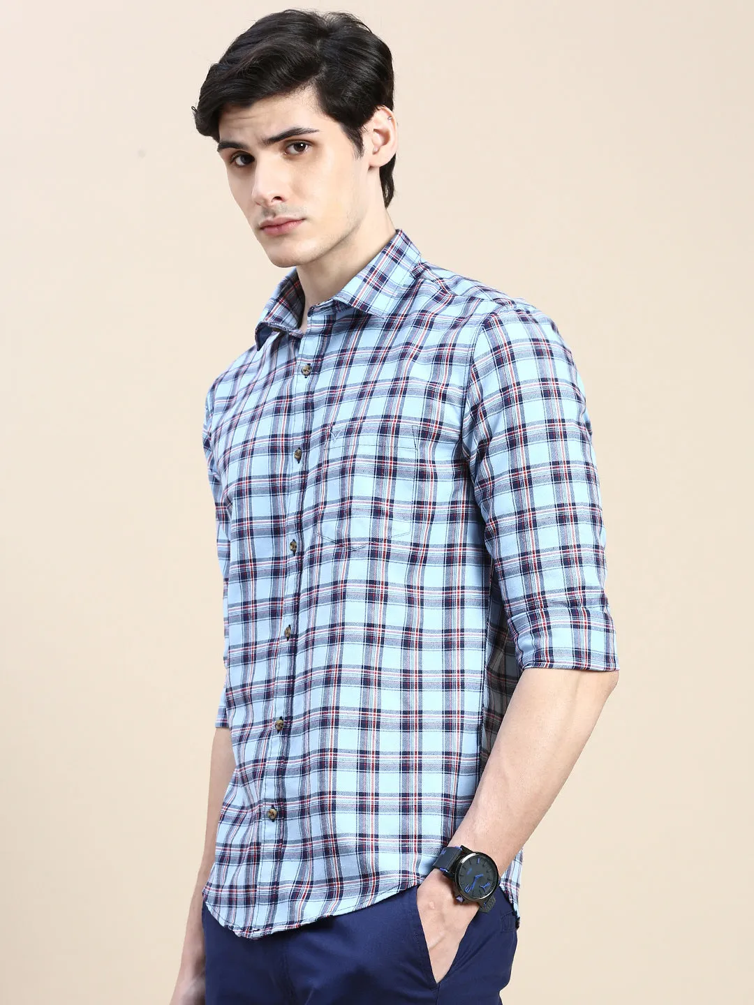 Men Blue Standard Slim Fit Checked Spread Collar Cotton Casual Shirt