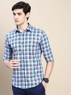 Men Blue Standard Slim Fit Checked Spread Collar Cotton Casual Shirt