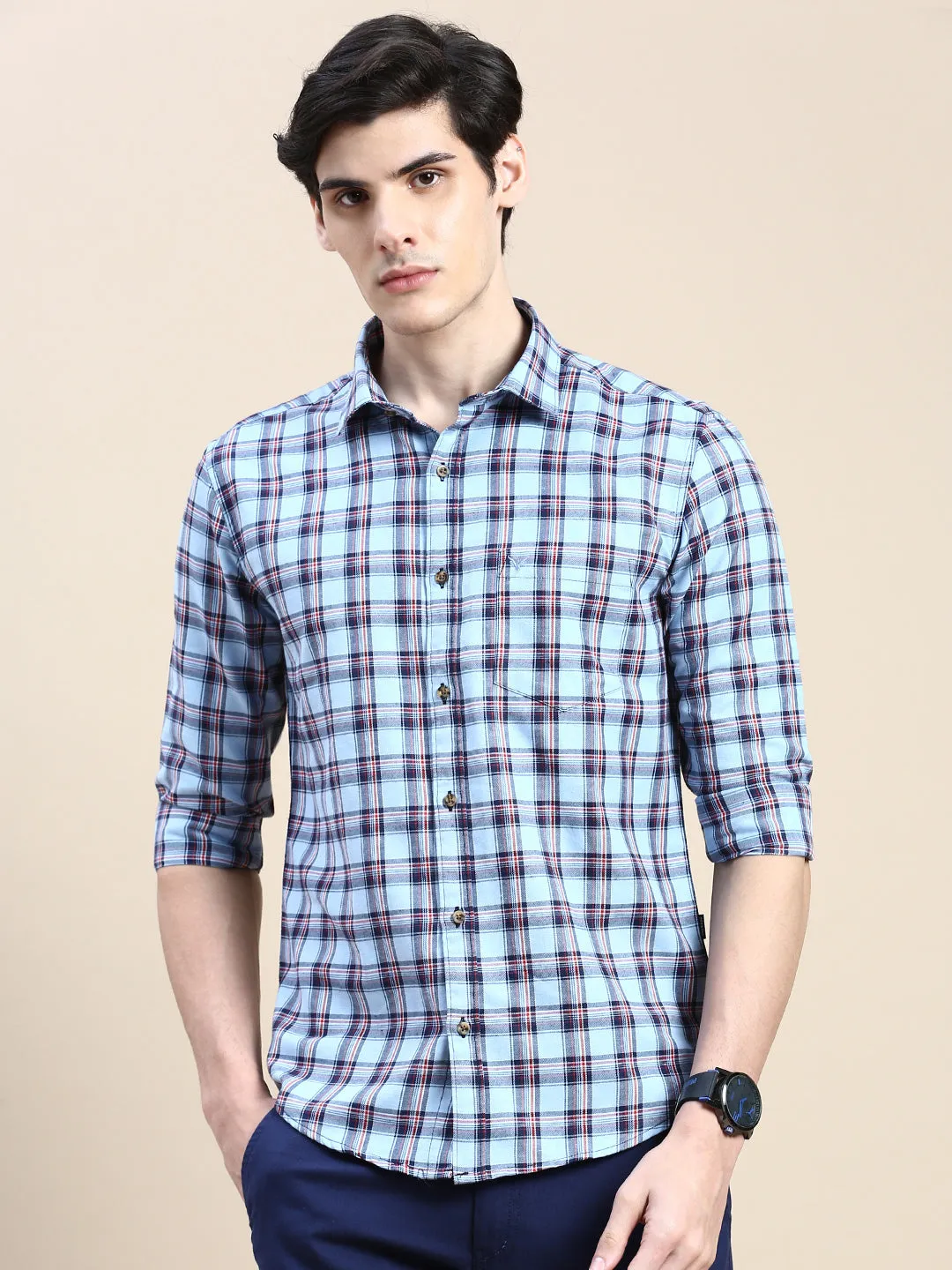 Men Blue Standard Slim Fit Checked Spread Collar Cotton Casual Shirt