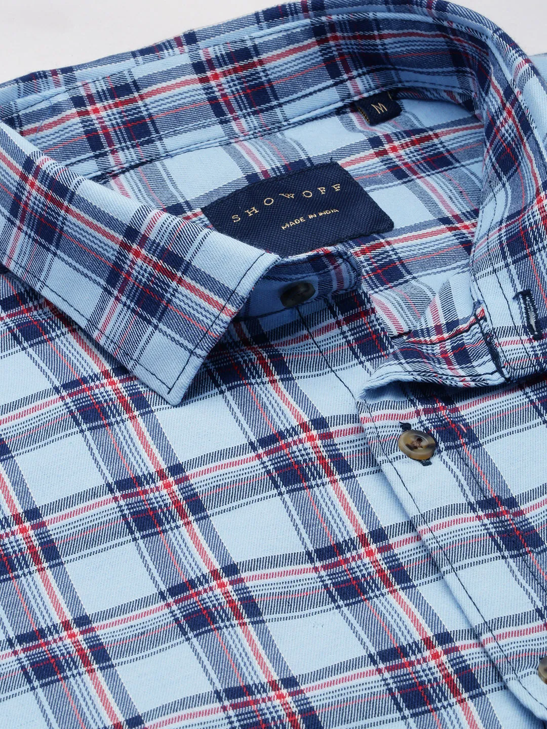 Men Blue Standard Slim Fit Checked Spread Collar Cotton Casual Shirt