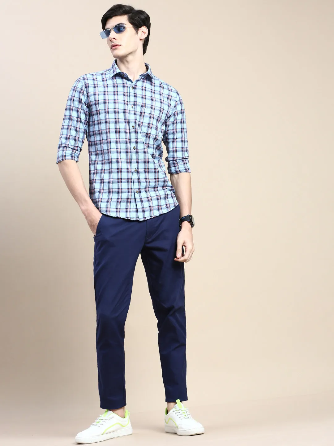 Men Blue Standard Slim Fit Checked Spread Collar Cotton Casual Shirt