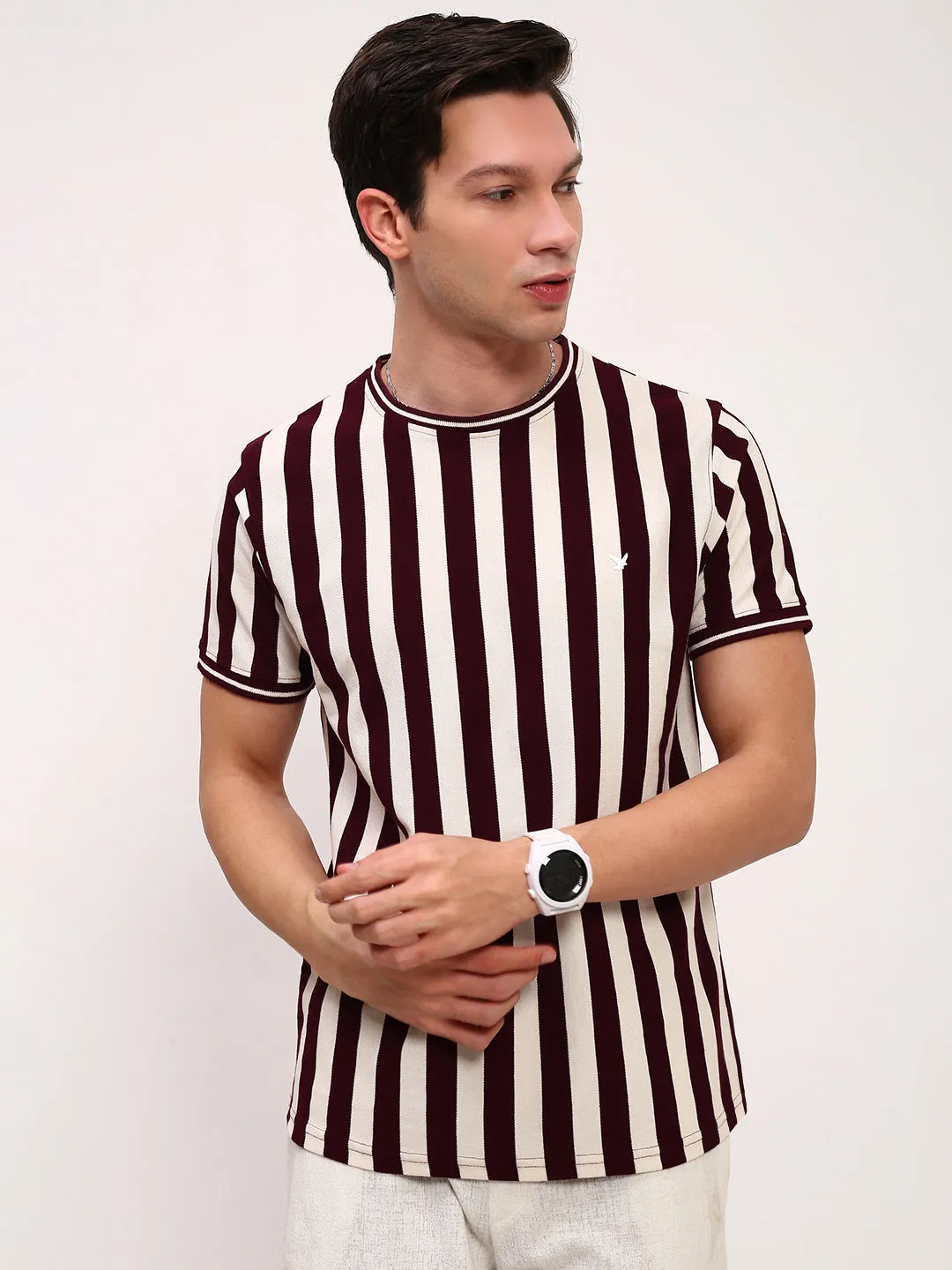 Men Burgundy Striped T Shirt