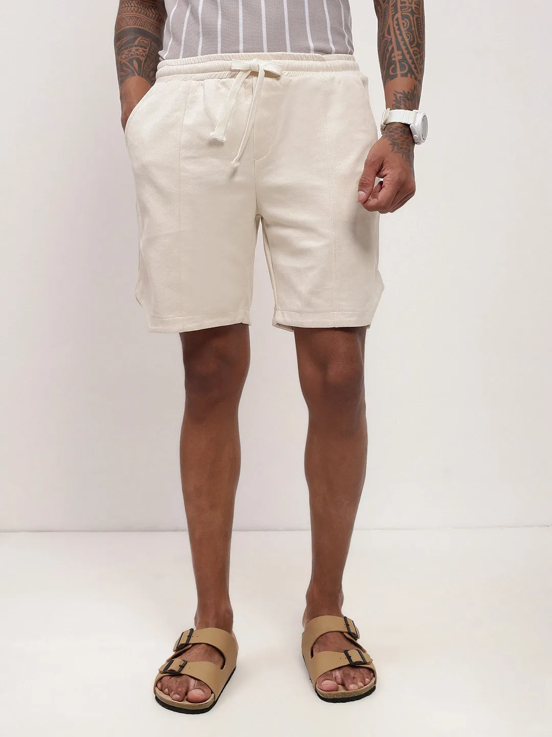Men Cream Solid Shorts