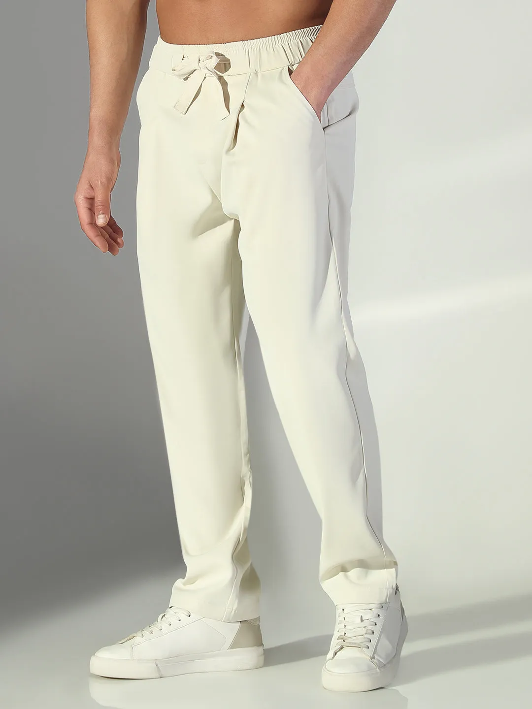Men Cream Solid Straight Fit Korean Trousers