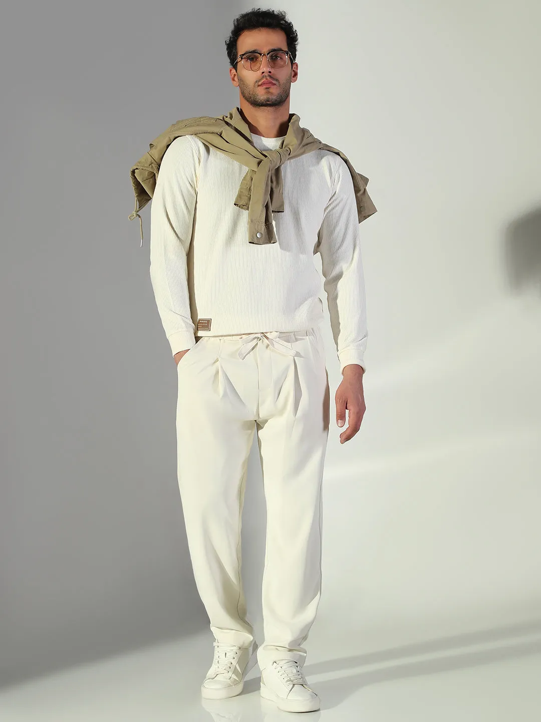Men Cream Solid Straight Fit Korean Trousers