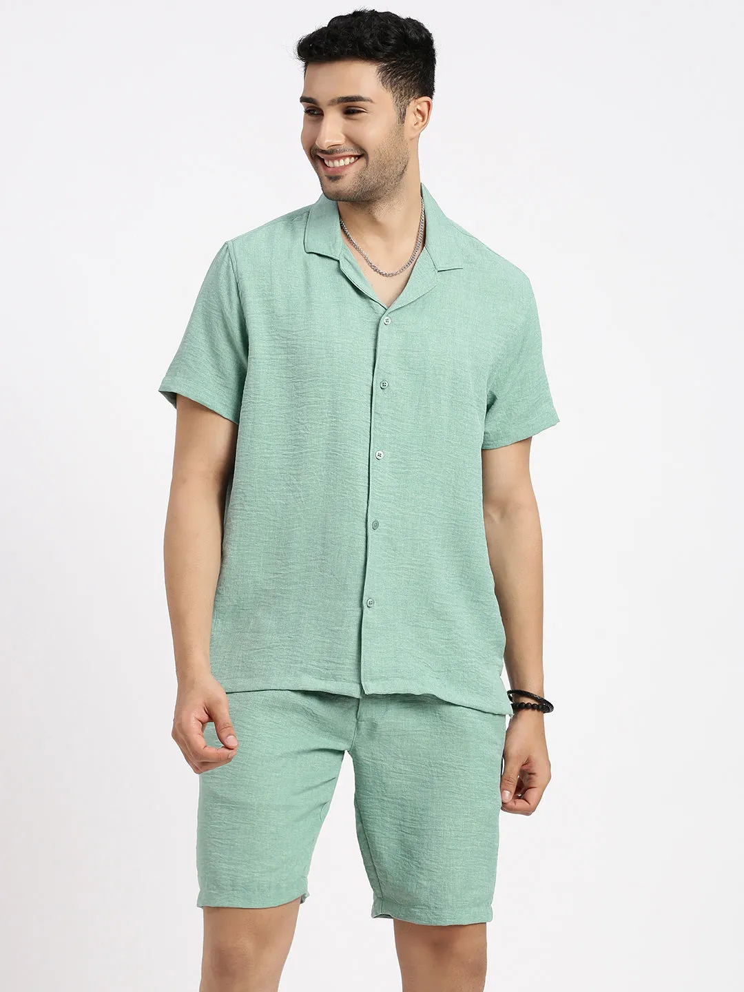 Men Green Solid Co Ords Set