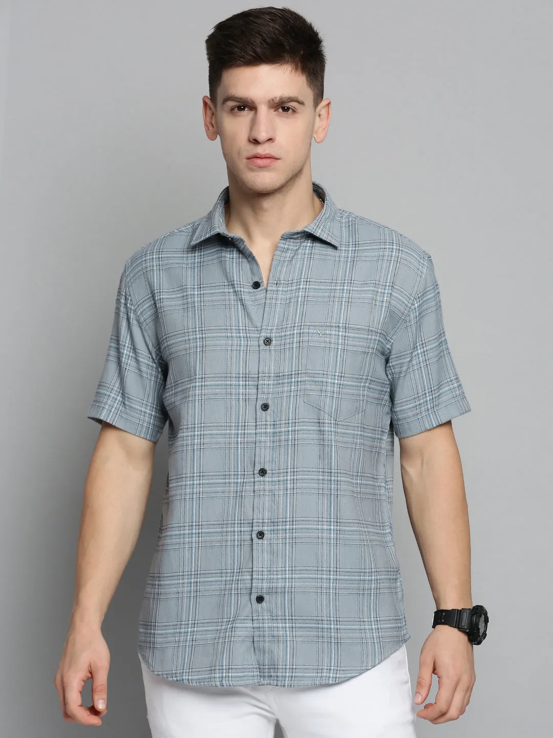 Men Grey Comfort Checked Casual Cotton Shirt