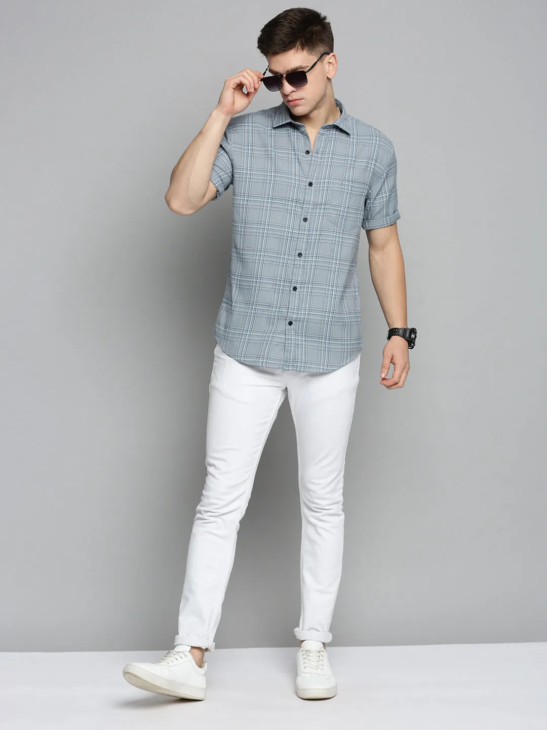 Men Grey Comfort Checked Casual Cotton Shirt