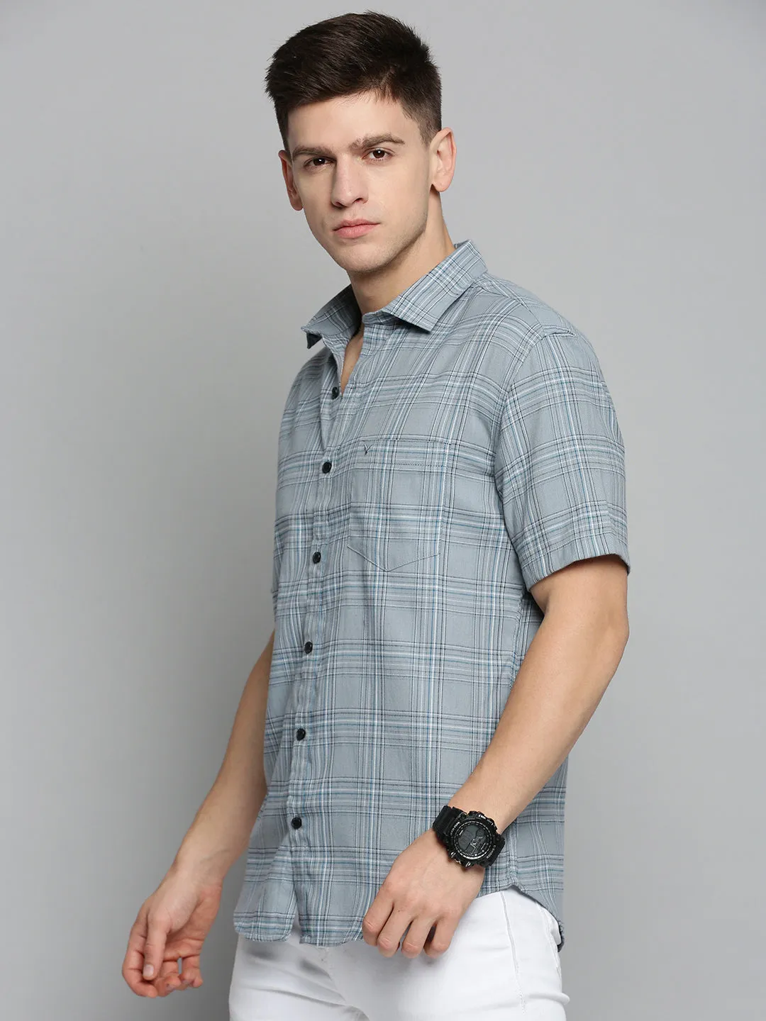 Men Grey Comfort Checked Casual Cotton Shirt