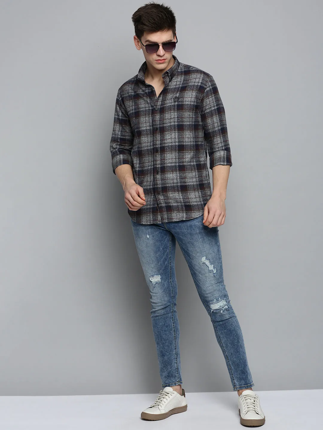 Men Grey Comfort Tartan Twill Checked Casual Cotton Shirt