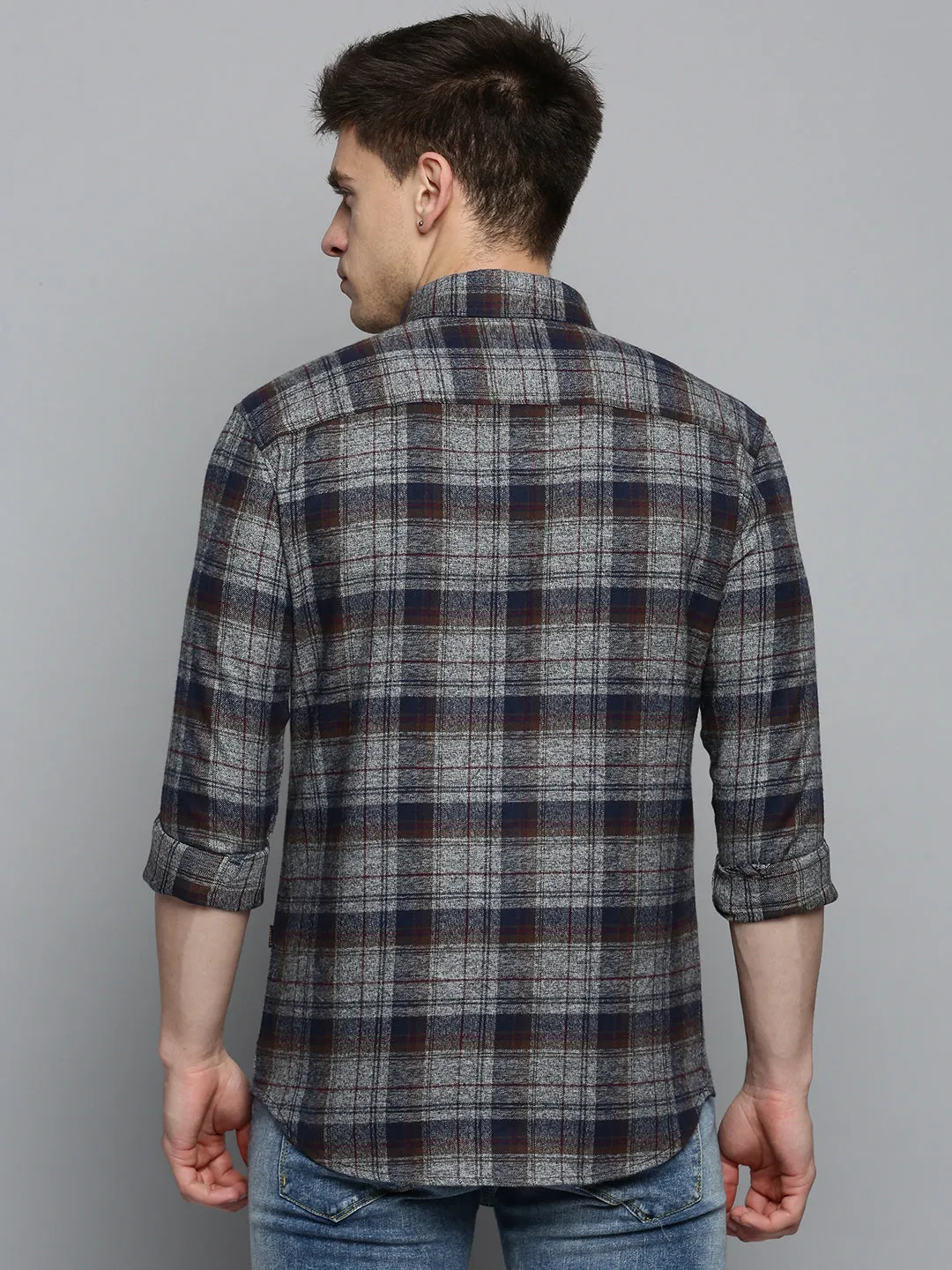 Men Grey Comfort Tartan Twill Checked Casual Cotton Shirt